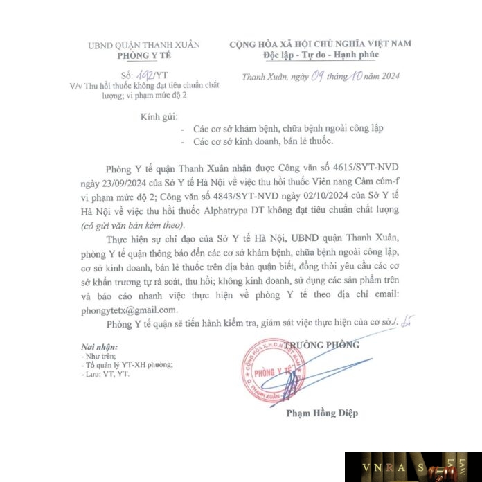Công văn số 4615/SYT-NVD ngày 23/09/2024 của Hm88.com vn lì xì hội viên mới Hà Nội về việc thu hồi thuốc Viên nang Cảm cúm-f vi phạm mức độ 2; Công văn số 4843/SYT-NVD ngày 02/10/2024 của Hm88.com vn lì xì hội viên mới Hà Nội về việc thu hồi thuốc Alphatrypa DT không đạt tiêu chuẩn chất lượng