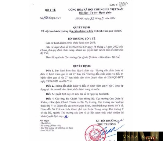 Hm88 link đăng nhập số 2855/QĐ-BYT ngày 25 tháng 9 năm 2024 về việc ban hành Hướng dẫn chẩn đoán và điều trị bệnh viêm gan vi rút C