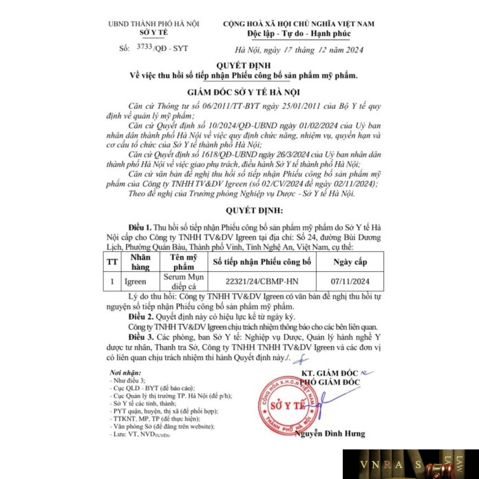 quyet-dinh-so-3733-syt-1 Hm88 link đăng nhập 3733 - YT về việc thu hồi số tiếp nhận Phiếu công bố sản phẩm mỹ phẩm (Công ty TNHH TV&DV Igreen)