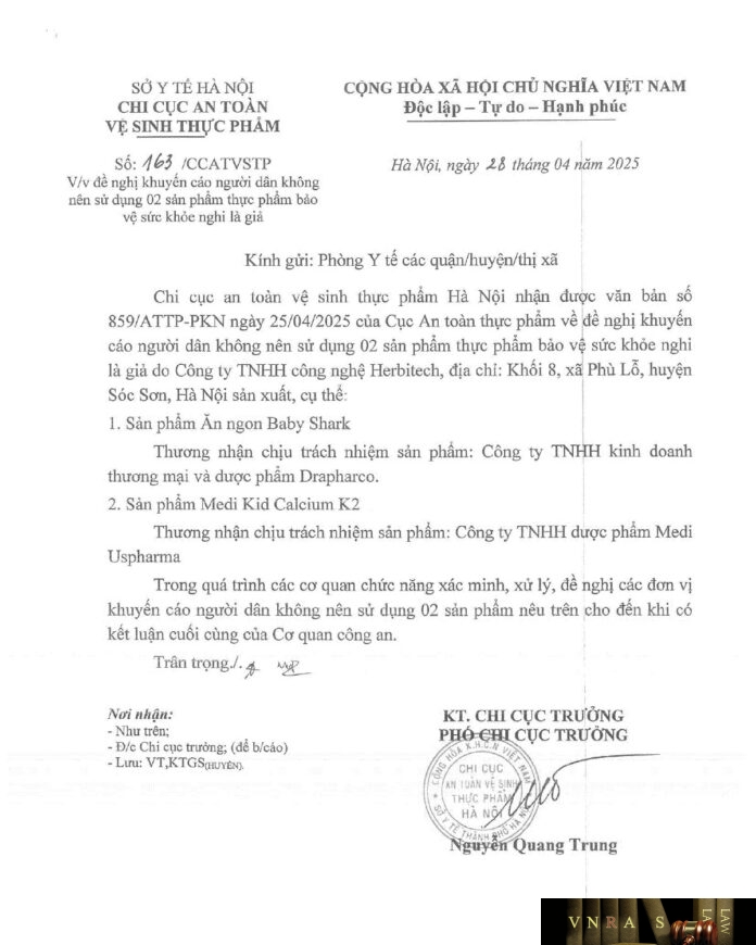Công văn số 163/ CCATVSTP về việc đề nghị khuyến cáo người dân không nên sử dụng 02 sản phẩm thực phẩm bảo vệ sức khỏe nghi là giả