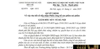 Công văn số : 1074/QĐ-SYT Hm88.com vn lì xì hội viên mới Hà Nội ngày 18 tháng 6 năm 2025 Về việc thu hồi số tiếp nhận Phiếu công bố sản phẩm mỹ phẩm