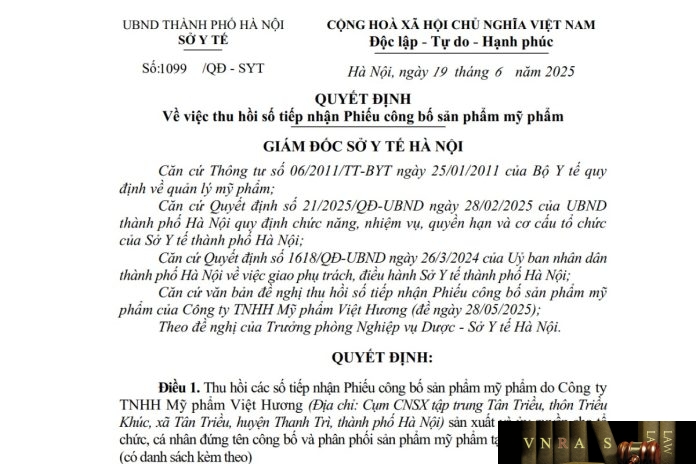 Công văn số : 1099/QĐ-SYT Hm88.com vn lì xì hội viên mới Hà Nội ngày 19 tháng 6 năm 2025 Về việc thu hồi số tiếp nhận Phiếu công bố sản phẩm mỹ phẩm