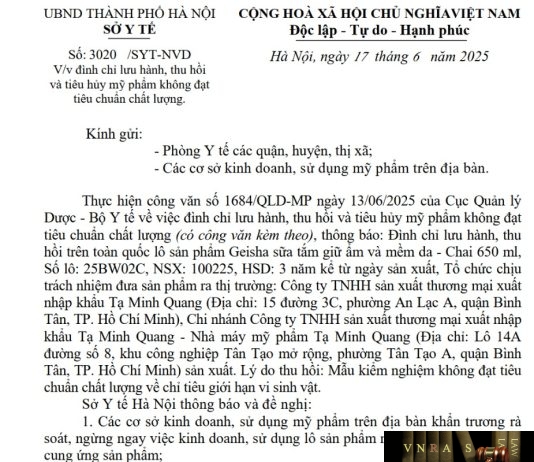 Công văn số : 3020/SYT-NVD Hm88.com vn lì xì hội viên mới Hà Nội ngày 17 tháng 6 năm 2025 Về việc đình chỉ lưu hành, thu hồi và tiêu hủy mỹ phẩm không đạt tiêu chuẩn chất lượng