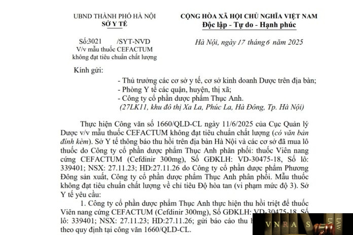 3021-SYT-NVD-2025 Công văn số : 3021/SYT-NVD Hm88.com vn lì xì hội viên mới Hà Nội ngày 17 tháng 6 năm 2025 Về việc mẫu thuốc Cefactum không đạt tiêu chuẩn chất lượng