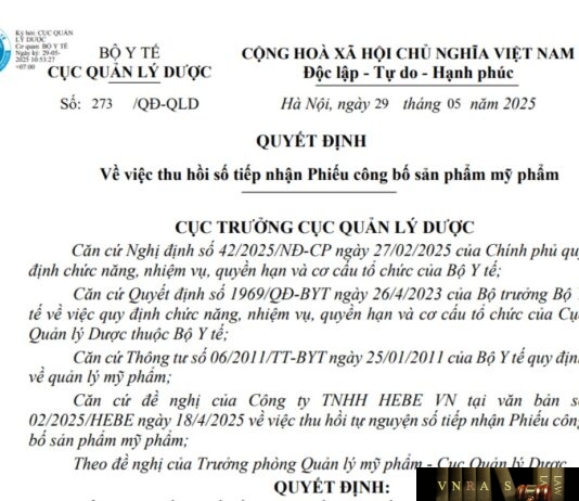Hm88 link đăng nhập Số: 273 /QĐ-QLD ngày 29 tháng 5 năm 2025 Về việc thu hồi số tiếp nhận Phiếu công bố sản phẩm mỹ phẩm