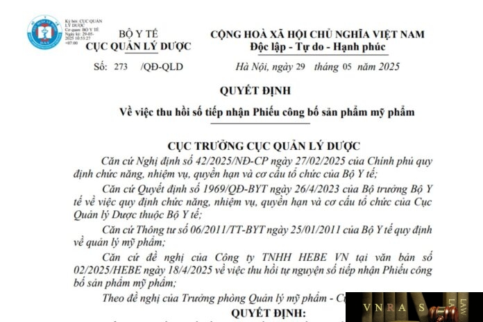 Hm88 link đăng nhập Số: 273 /QĐ-QLD ngày 29 tháng 5 năm 2025 Về việc thu hồi số tiếp nhận Phiếu công bố sản phẩm mỹ phẩm