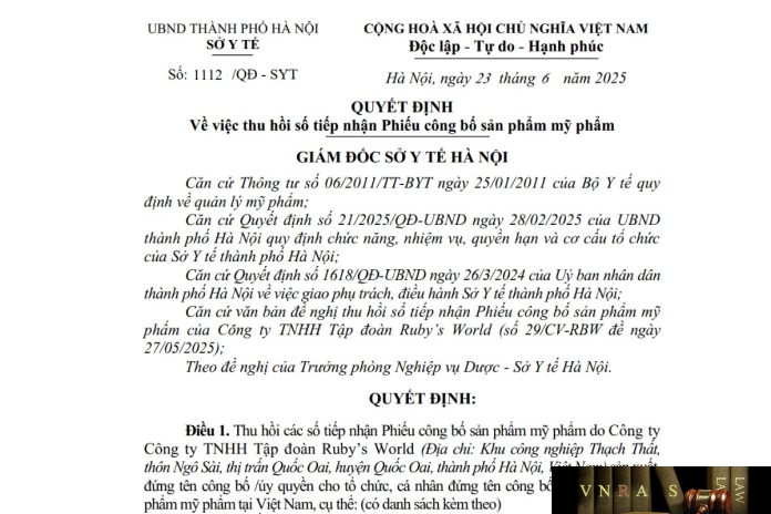 Công văn số : 1112 /QĐ-SYT Hm88.com vn lì xì hội viên mới Hà Nội ngày 23 tháng 6 năm 2025 Về việc thu hồi số tiếp nhận Phiếu công bố sản phẩm mỹ phẩm