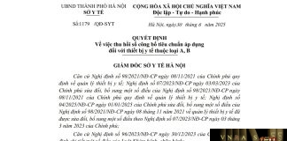 Công văn số : 1179/QĐ-SYT Hm88.com vn lì xì hội viên mới Hà Nội ngày 30 tháng 6 năm 2025 Về việc thu hồi số công bố tiêu chuẩn áp dụng đối với thiết bị y tế thuộc loại A, B