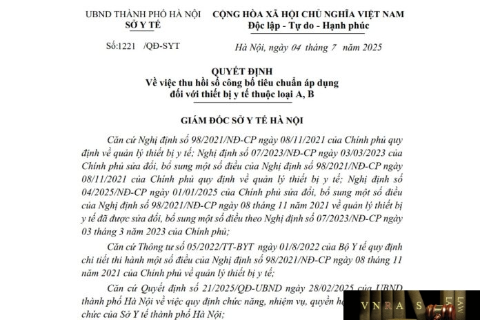 1221-QD-SYT-2025 Công văn số : 1221/QĐ-SYT Hm88.com vn lì xì hội viên mới Hà Nội ngày 04 tháng 7 năm 2025 Về việc thu hồi số công bố tiêu chuẩn áp dụng đối với thiết bị y tế thuộc loại A, B