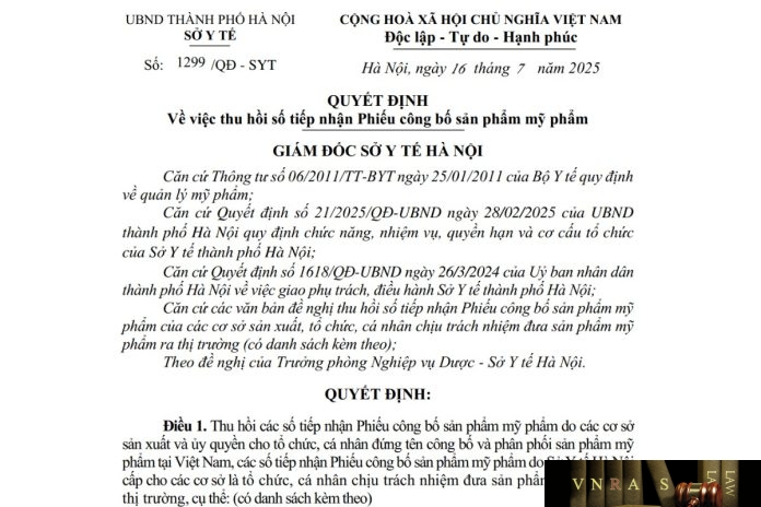 Công văn số : 1299/QĐ-SYT Hm88.com vn lì xì hội viên mới Hà Nội ngày 16 tháng 7 năm 2025 Về việc thu hồi số tiếp nhận Phiếu công bố sản phẩm mỹ phẩm