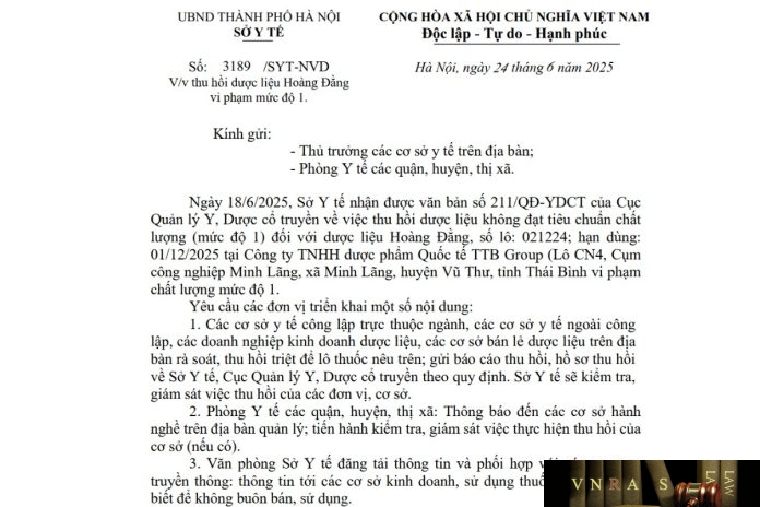 Công văn số : 3189/SYT-NVD Hm88.com vn lì xì hội viên mới Hà Nội ngày 24 tháng 6 năm 2025 Về việc thu hồi dược liệu Hoàng Đằng vi phạm mức độ 1