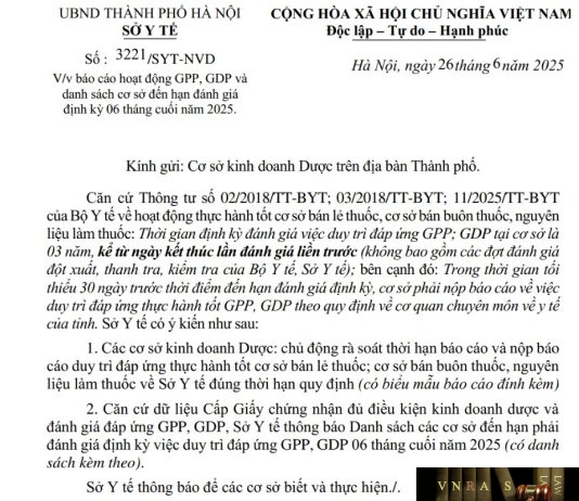 Công văn số : 3221/SYT-NVD Hm88.com vn lì xì hội viên mới Hà Nội ngày 26 tháng 6 năm 2025 Về việc báo cáo hoạt động GPP, GDP và danh sách cơ sở đến hạn đánh giá định kỳ 06 tháng cuối năm 2025