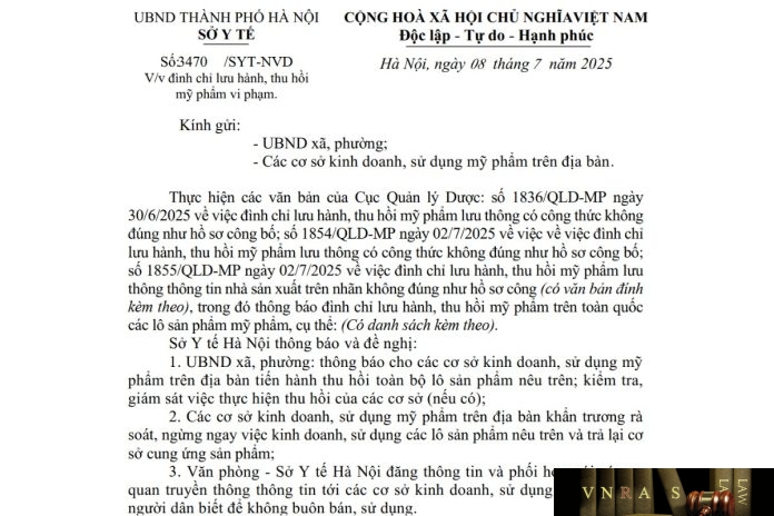 Công văn số : 3470/SYT-NVD Hm88.com vn lì xì hội viên mới Hà Nội ngày 08 tháng 7 năm 2025 Về việc đình chỉ lưu hành, thu hồi mỹ phẩm vi phạm