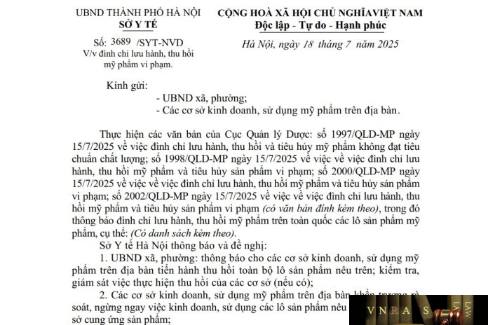 Công văn số : 3689/SYT-NVD Hm88.com vn lì xì hội viên mới Hà Nội ngày 18 tháng 7 năm 2025 Về việc đình chỉ lưu hành, thu hồi mỹ phẩm vi phạm