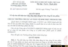 Công văn số : 168/QĐ-CCATVSTP Hm88.com vn lì xì hội viên mới Hà Nội ngày 25 tháng 7 năm 2025 Về việc thu hồi hiệu lực Giấy tiếp nhận đăng ký bản công bố sản phẩm