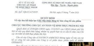 Công văn số : 168/QĐ-CCATVSTP Hm88.com vn lì xì hội viên mới Hà Nội ngày 25 tháng 7 năm 2025 Về việc thu hồi hiệu lực Giấy tiếp nhận đăng ký bản công bố sản phẩm