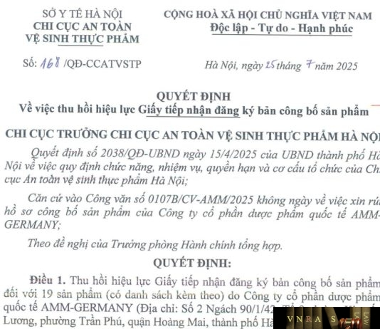 Công văn số : 168/QĐ-CCATVSTP Hm88.com vn lì xì hội viên mới Hà Nội ngày 25 tháng 7 năm 2025 Về việc thu hồi hiệu lực Giấy tiếp nhận đăng ký bản công bố sản phẩm