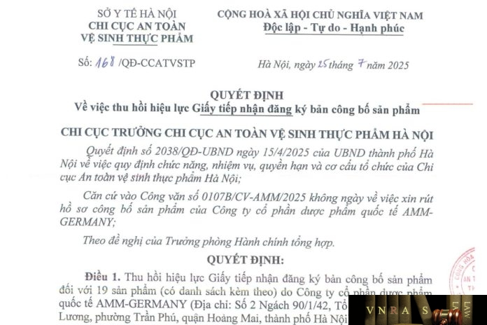168-QD-CCATVSTP-2025 Công văn số : 168/QĐ-CCATVSTP Hm88.com vn lì xì hội viên mới Hà Nội ngày 25 tháng 7 năm 2025 Về việc thu hồi hiệu lực Giấy tiếp nhận đăng ký bản công bố sản phẩm
