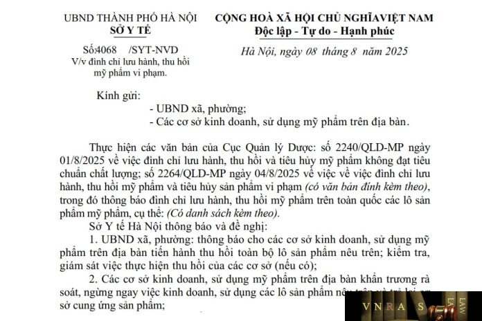 Công văn số : 4068/SYT-NVD Hm88.com vn lì xì hội viên mới Hà Nội ngày 08 tháng 8 năm 2025 Về việc đình chỉ lưu hành, thu hồi mỹ phẩm vi phạm