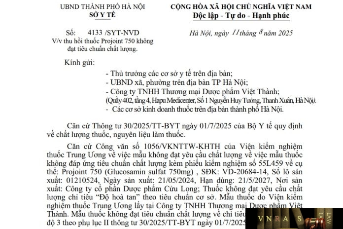 Công văn số : 4133/SYT-NVD Hm88.com vn lì xì hội viên mới Hà Nội ngày 11 tháng 8 năm 2025 Về việc thu hồi thuốc Projoint 750 không đạt tiêu chuẩn chất lượng