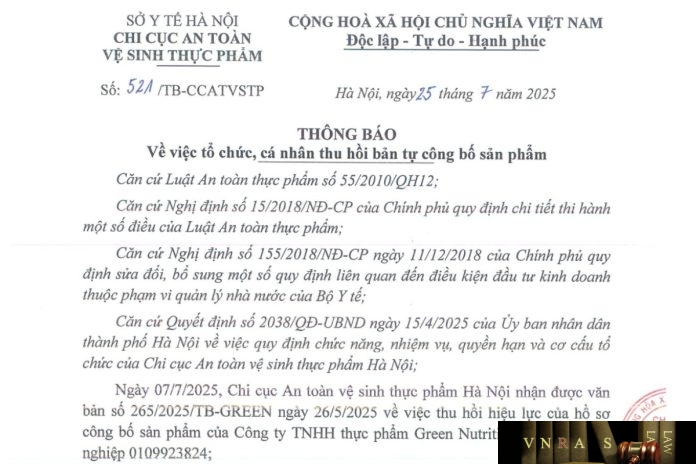 521-TB-CCATVSTP-2025 Công văn số : 521/TB-CCATVSTP Hm88.com vn lì xì hội viên mới Hà Nội ngày 25 tháng 7 năm 2025 Về việc tổ chức, cá nhân thu hồi bản tự công bố sản phẩm