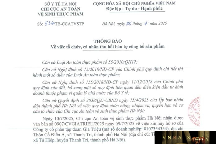 Công văn số : 526/TB-CCATVSTP Hm88.com vn lì xì hội viên mới Hà Nội ngày 25 tháng 7 năm 2025 Về việc tổ chức, cá nhân thu hồi bản tự công bố sản phẩm