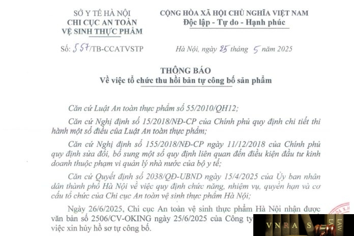 Công văn số : 557/TB-CCATVSTP Hm88.com vn lì xì hội viên mới Hà Nội ngày 25 tháng 5 năm 2025 Về việc thu hồi hiệu lực Giấy tiếp nhận đăng ký bản công bố sản phẩm
