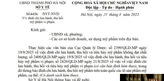 Công văn số : 4456/SYT-NVD Hm88.com vn lì xì hội viên mới Hà Nội ngày 25 tháng 8 năm 2025 Về việc đình chỉ lưu hành, thu hồi mỹ phẩm vi phạm