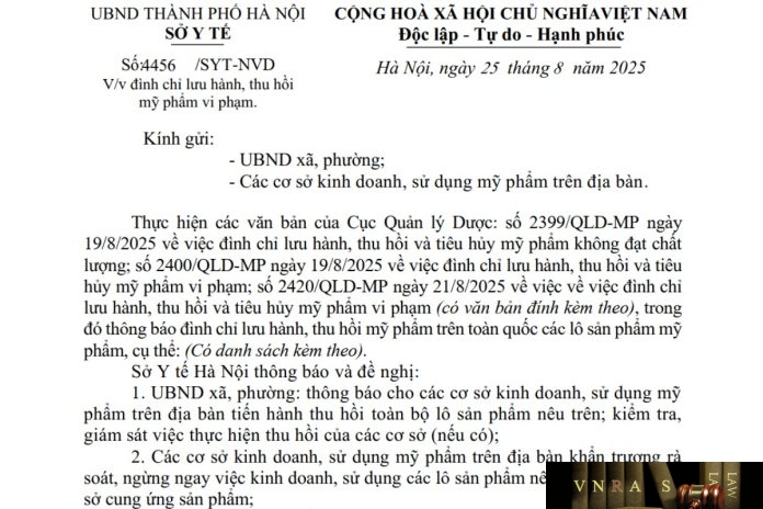 Công văn số : 4456/SYT-NVD Hm88.com vn lì xì hội viên mới Hà Nội ngày 25 tháng 8 năm 2025 Về việc đình chỉ lưu hành, thu hồi mỹ phẩm vi phạm