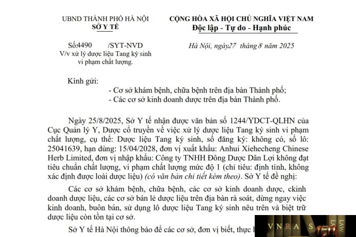 Công văn số : 4490/SYT-NVD Hm88.com vn lì xì hội viên mới Hà Nội ngày 27 tháng 8 năm 2025 Về việc xử lý dược liệu Tang ký sinh vi phạm chất lượng