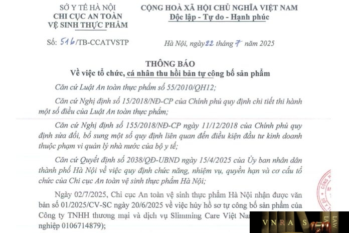 516-TB-CCATVSTP-2025 Công văn số : 516/TB-CCATVSTP Hm88.com vn lì xì hội viên mới Hà Nội ngày 22 tháng 7 năm 2025 Về việc tổ chức, cá nhân thu hồi bản tự công bố sản phẩm