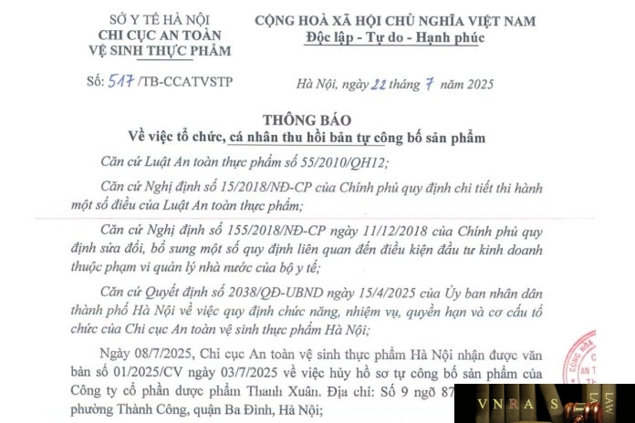 Công văn số : 517/TB-CCATVSTP Hm88.com vn lì xì hội viên mới Hà Nội ngày 22 tháng 7 năm 2025 Về việc tổ chức, cá nhân thu hồi bản tự công bố sản phẩm