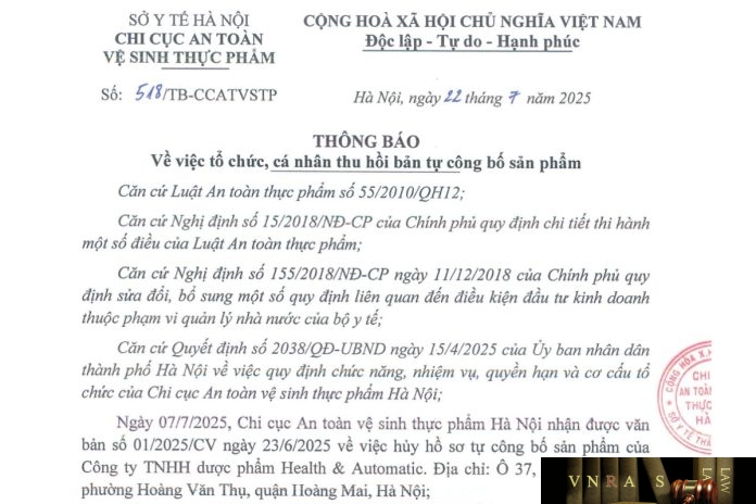 Công văn số : 518/TB-CCATVSTP Hm88.com vn lì xì hội viên mới Hà Nội ngày 22 tháng 7 năm 2025 Về việc tổ chức, cá nhân thu hồi bản tự công bố sản phẩm