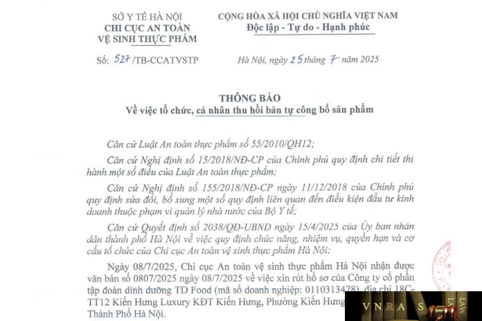 Công văn số : 527/TB-CCATVSTP Hm88.com vn lì xì hội viên mới Hà Nội ngày 25 tháng 7 năm 2025 Về việc tổ chức, cá nhân thu hồi bản tự công bố sản phẩm