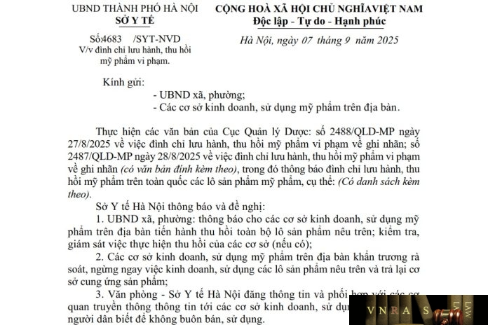 Công văn số : 4683/SYT-NVD Hm88.com vn lì xì hội viên mới Hà Nội ngày 07 tháng 9 năm 2025 Về việc đình chỉ lưu hành, thu hồi mỹ phẩm vi phạm