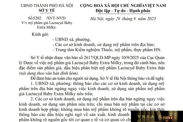 Công văn số : 5202/SYT-NVD Hm88.com vn lì xì hội viên mới Hà Nội ngày 29 tháng 9 năm 2025 Về việc mỹ phẩm giả Lactacyd Baby Extra Milky
