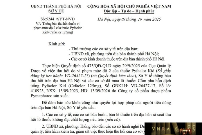 5244-SYT-NVD-2025 Công văn số : 5244/SYT-NVD Hm88.com vn lì xì hội viên mới Hà Nội ngày 01 tháng 10 năm 2025 Về việc Thông báo thu hồi thuốc vi phạm mức độ 2 của thuốc Pyfaclor Kid (Cefaclor 125mg)
