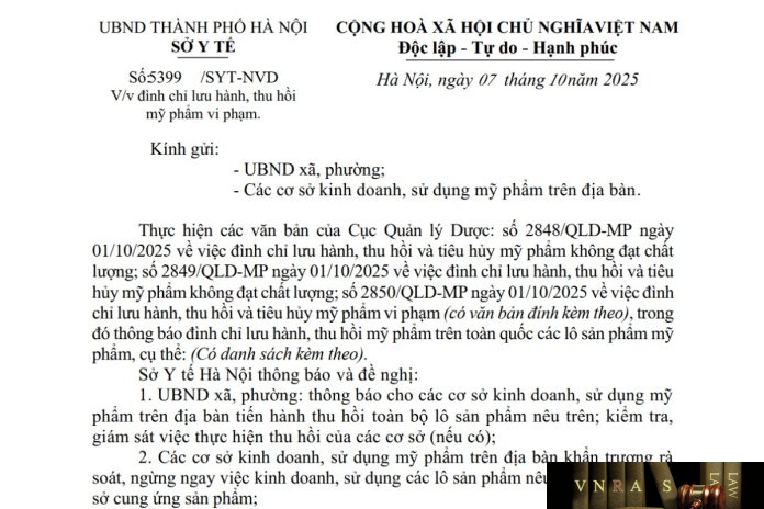 Công văn số : 5399/SYT-NVD Hm88.com vn lì xì hội viên mới Hà Nội ngày 07 tháng 10 năm 2025 Về việc đình chỉ lưu hành, thu hồi mỹ phẩm vi phạm