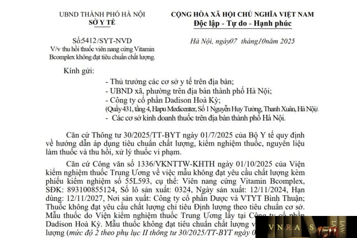 Công văn số : 5412/SYT-NVD Hm88.com vn lì xì hội viên mới Hà Nội ngày 07 tháng 10 năm 2025 Về việc thu hồi thuốc viên nang cứng Vitamin Bcomplex không đạt tiêu chuẩn chất lượng