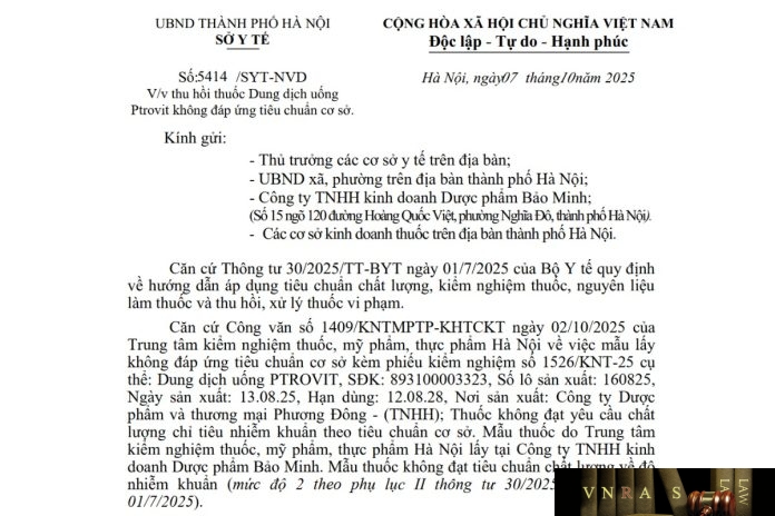 Công văn số : 5414/SYT-NVD Hm88.com vn lì xì hội viên mới Hà Nội ngày 07 tháng 10 năm 2025 Về việc thu hồi thuốc Dung dịch uống Ptrovit không đáp ứng tiêu chuẩn cơ sở
