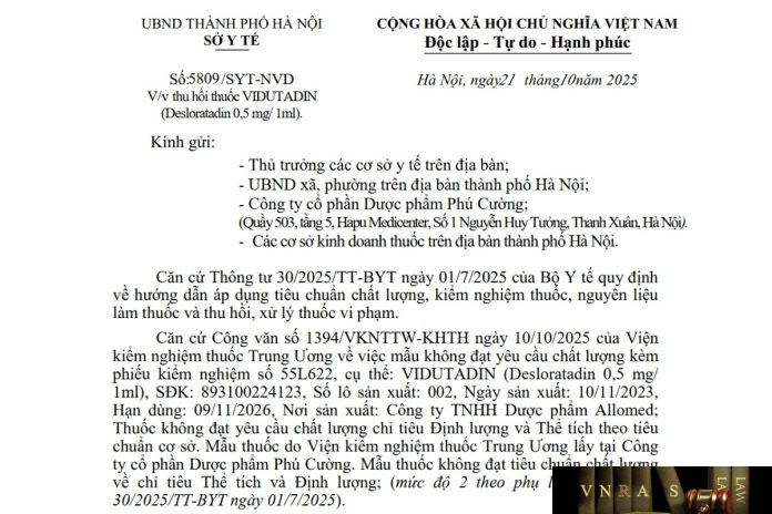 Công văn số : 5809/SYT-NVD Hm88.com vn lì xì hội viên mới Hà Nội ngày 21 tháng 10 năm 2025 Về việc thu hồi thuốc VIDUTADIN (Desloratadin 0,5mg/1ml)