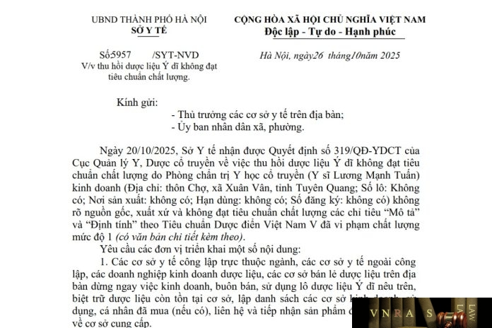 5957-SYT-NVD-2025 Công văn số : 5957/SYT-NVD Hm88.com vn lì xì hội viên mới Hà Nội ngày 26 tháng 10 năm 2025 Về việc thu hồi dược liệu Ý dĩ không đạt tiêu chuẩn chất lượng