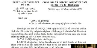 Công văn số : 6007/SYT-NVD Hm88.com vn lì xì hội viên mới Hà Nội ngày 28 tháng 10 năm 2025 Về việc đình chỉ lưu hành, thu hồi mỹ phẩm vi phạm