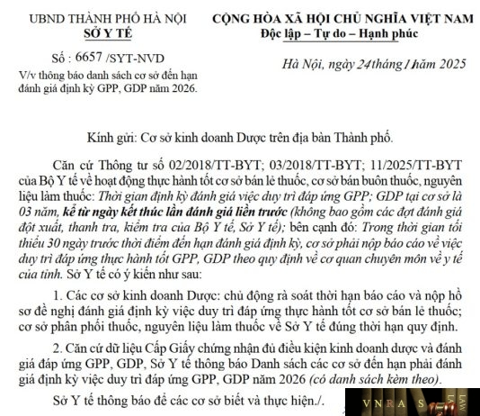 Công văn số : 6657/SYT-NVD Hm88.com vn lì xì hội viên mới Hà Nội ngày 24 tháng 11 năm 2025 Về việc thông báo danh sách cơ sở đến hạn đánh giá định kỳ GPP, GDP năm 2026