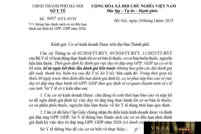Công văn số : 6657/SYT-NVD Hm88.com vn lì xì hội viên mới Hà Nội ngày 24 tháng 11 năm 2025 Về việc thông báo danh sách cơ sở đến hạn đánh giá định kỳ GPP, GDP năm 2026