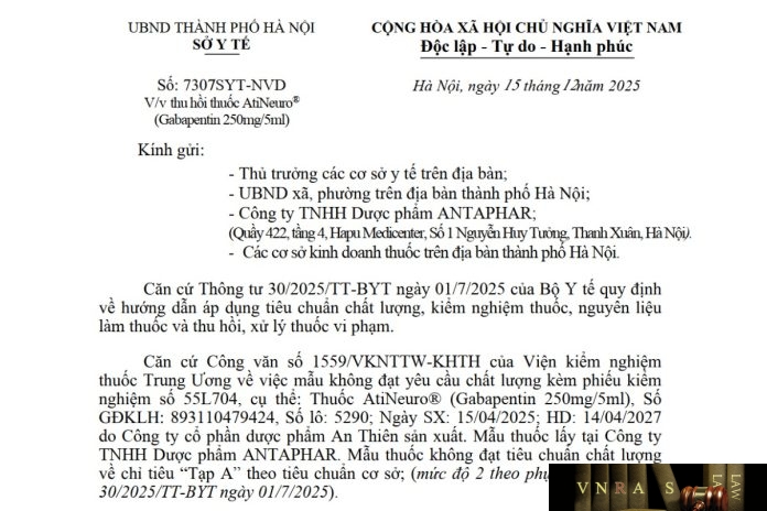 Công văn số : 7307/SYT-NVD Hm88.com vn lì xì hội viên mới Hà Nội ngày 15 tháng 12 năm 2025 Về việc thu hồi thuốc AtiNeuro® (Gabapentin 250mg/5ml)