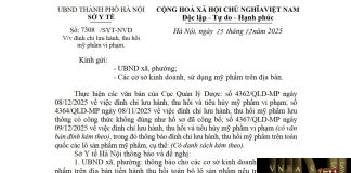 Công văn số : 7308/SYT-NVD Hm88.com vn lì xì hội viên mới Hà Nội ngày 15 tháng 12 năm 2025 Về việc đình chỉ lưu hành, thu hồi mỹ phẩm vi phạm