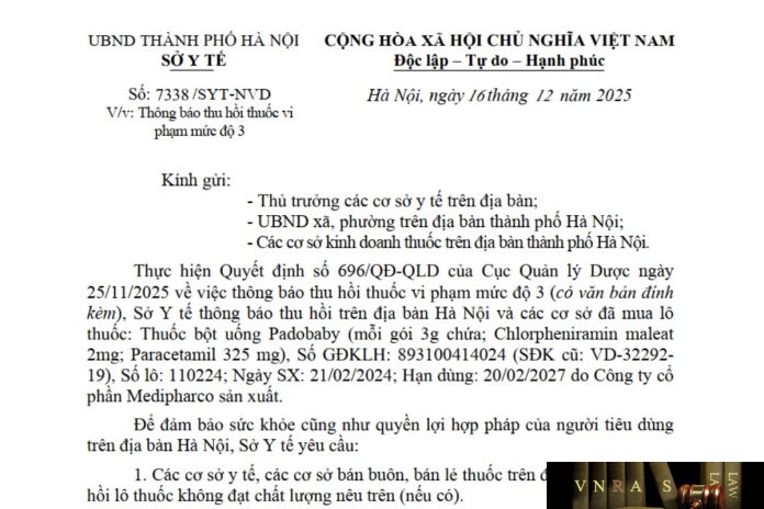 Công văn số : 7338/SYT-NVD Hm88.com vn lì xì hội viên mới Hà Nội ngày 16 tháng 12 năm 2025 Về việc thông báo thu hồi thuốc vi phạm mức độ 3