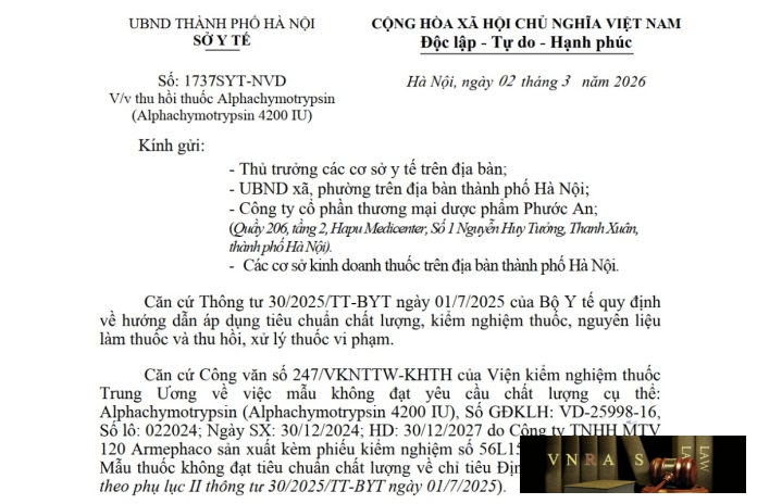 Công văn số : 1737/SYT-NVD Hm88.com vn lì xì hội viên mới Hà Nội ngày 02 tháng 3 năm 2026 Về việc thu hồi thuốc Alphachymotrypsin (Alphachymotrypsin 4200 IU)